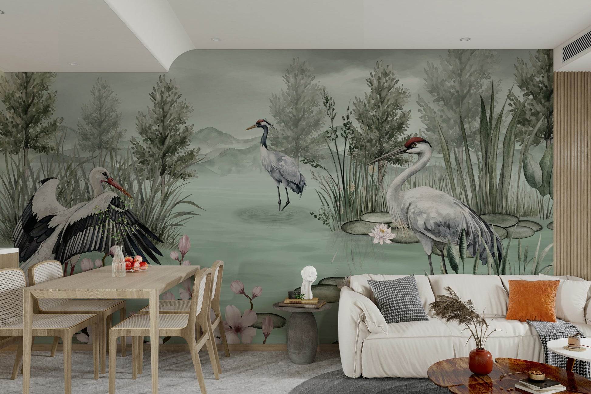 The scene also includes soft blossoms or water plants.

