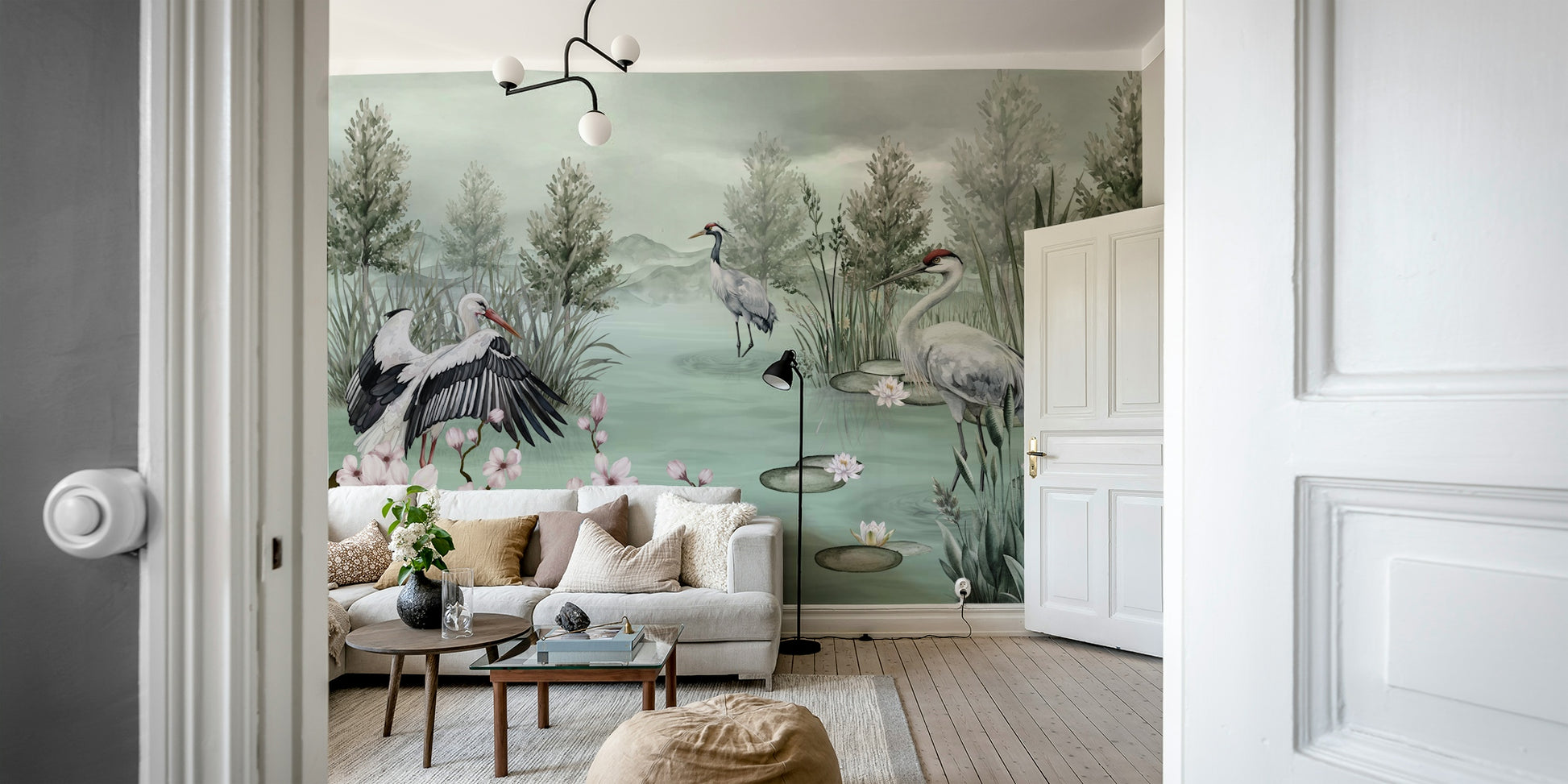 A peaceful wall mural with a tranquil water garden scene.

