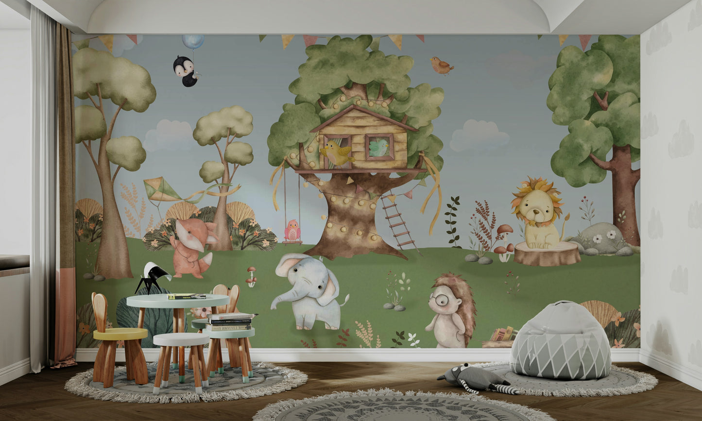A peaceful wall mural with a whimsical treehouse scene.

