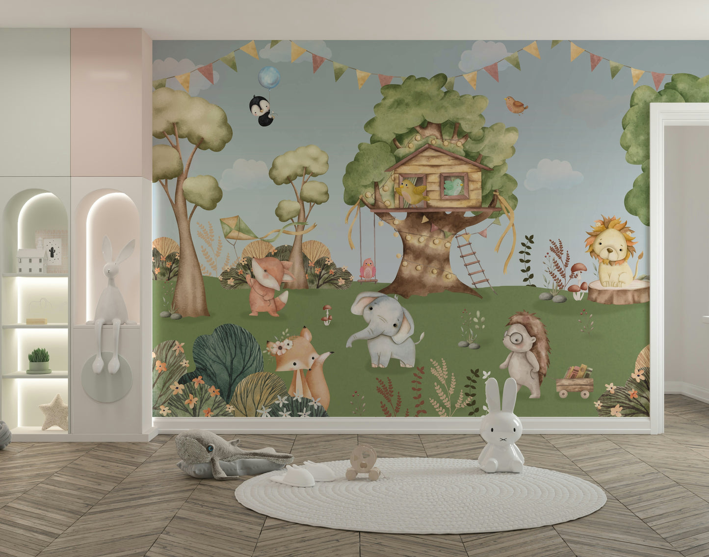 The colors are soft and gentle, with pale greens, browns, and whites.

