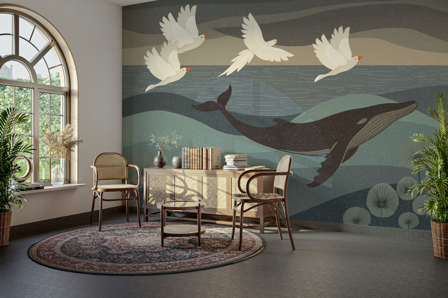 The colors are soft and gentle, with deep blues and glowing highlights.

