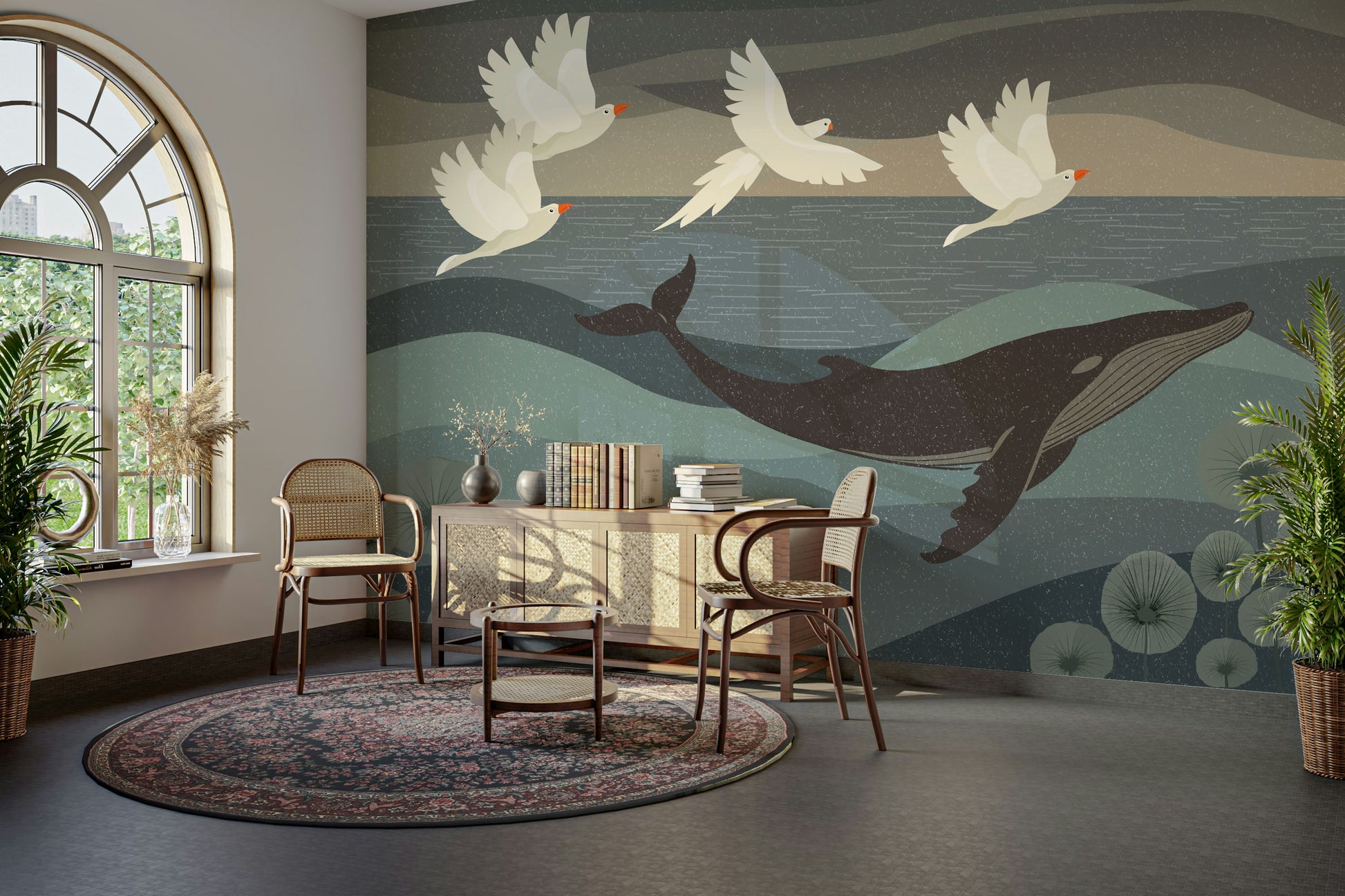 The colors are soft and gentle, with deep blues and glowing highlights.

