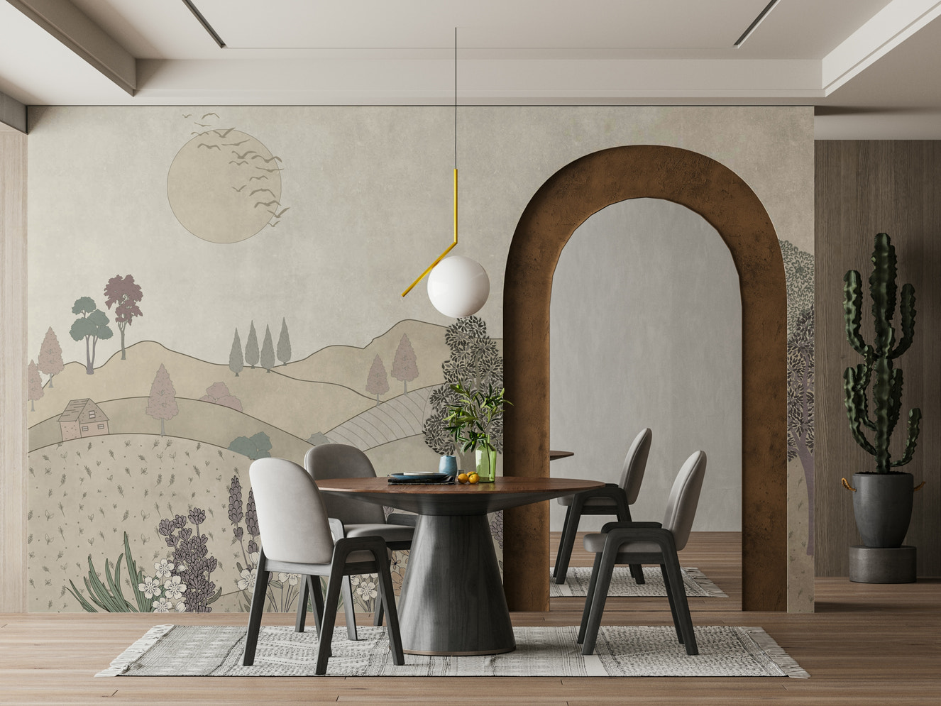 A peaceful wall mural with a field of vintage-style flowers.