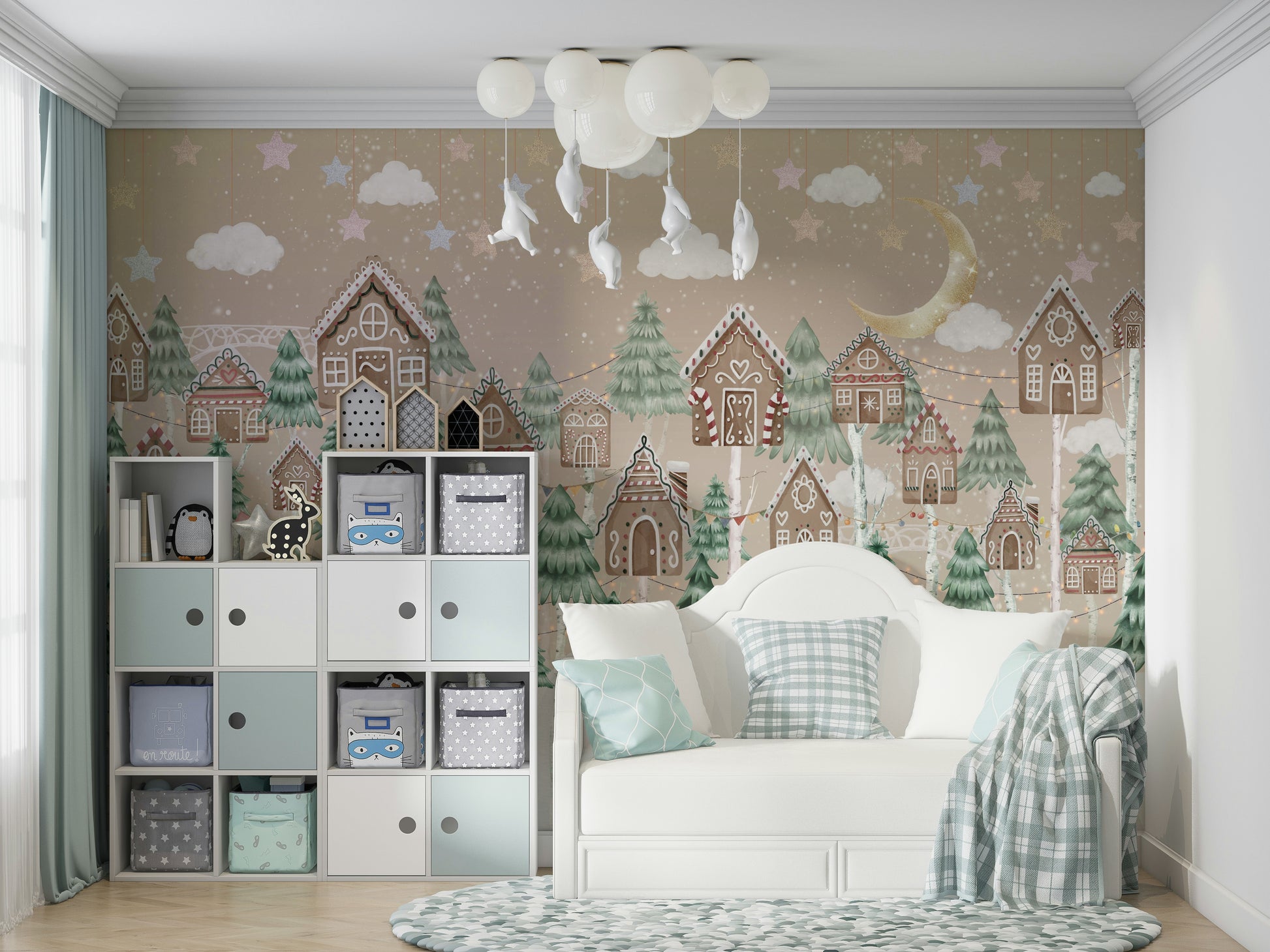 The design features charming houses with snow on their roofs.

