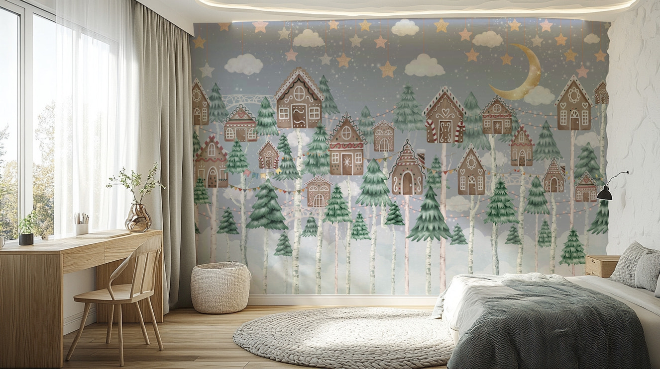 A peaceful wall mural with a gentle winter scene.

