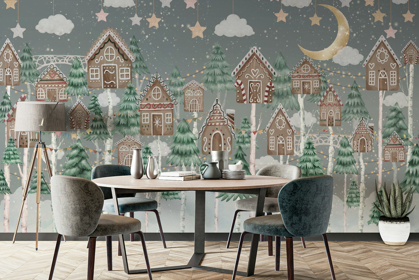 A peaceful wall mural with a whimsical, magical forest scene.

