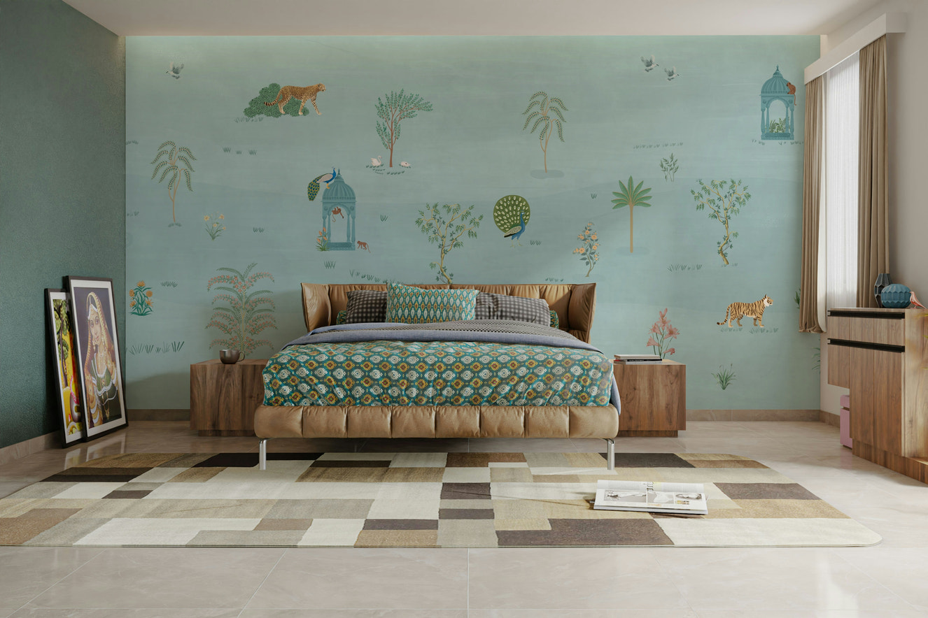 A peaceful wall mural with a wide savannah landscape.

