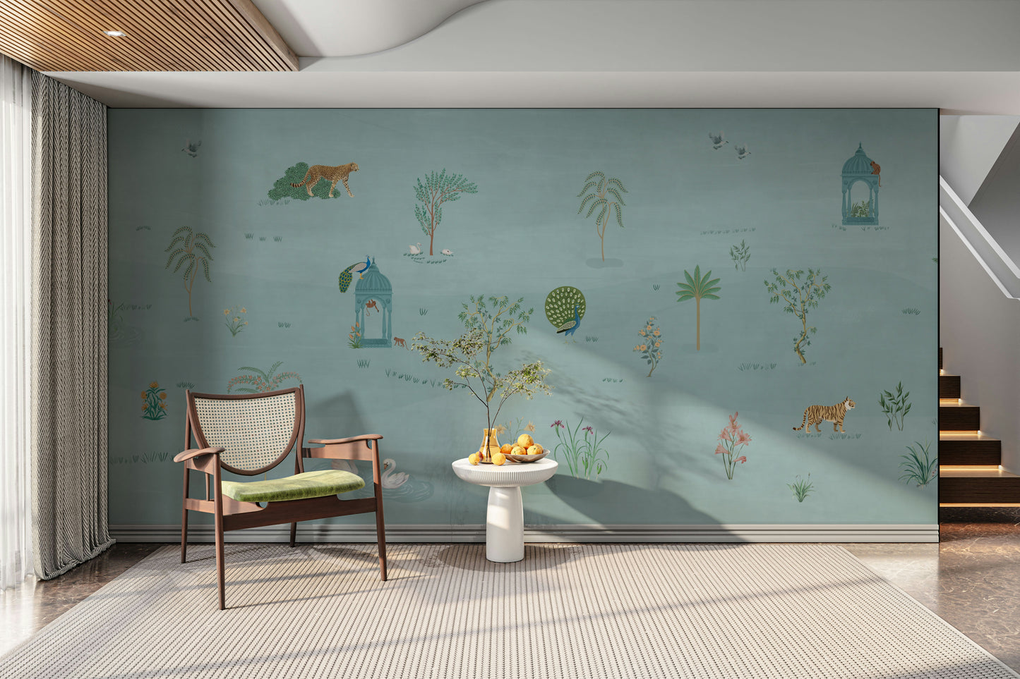 The scene features tall, quiet grasses and acacia trees.

