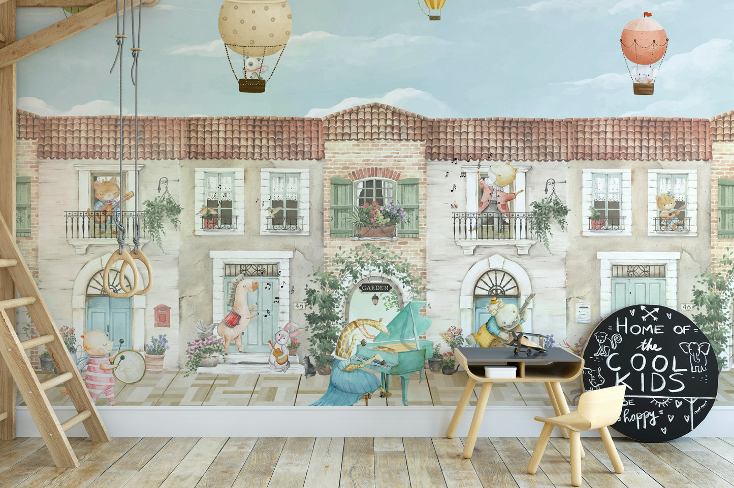 The animals are playing musical instruments on a bandstand.

