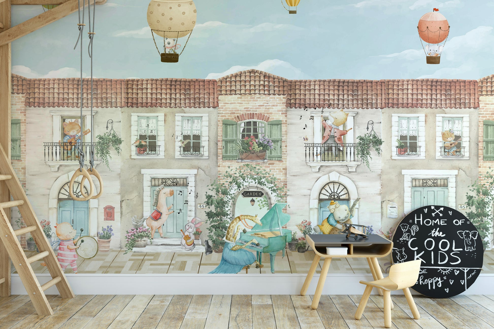 The animals are playing musical instruments on a bandstand.

