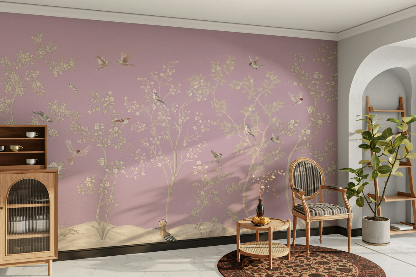 A peaceful wall mural with a design of birds and flowers.

