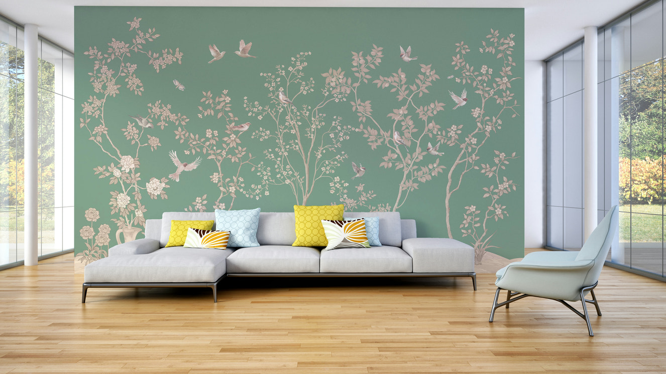 A peaceful wall mural with a design of birds and flowers.

