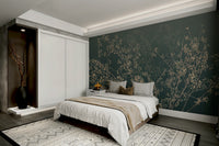 A peaceful wall mural with an ethereal branching design.

