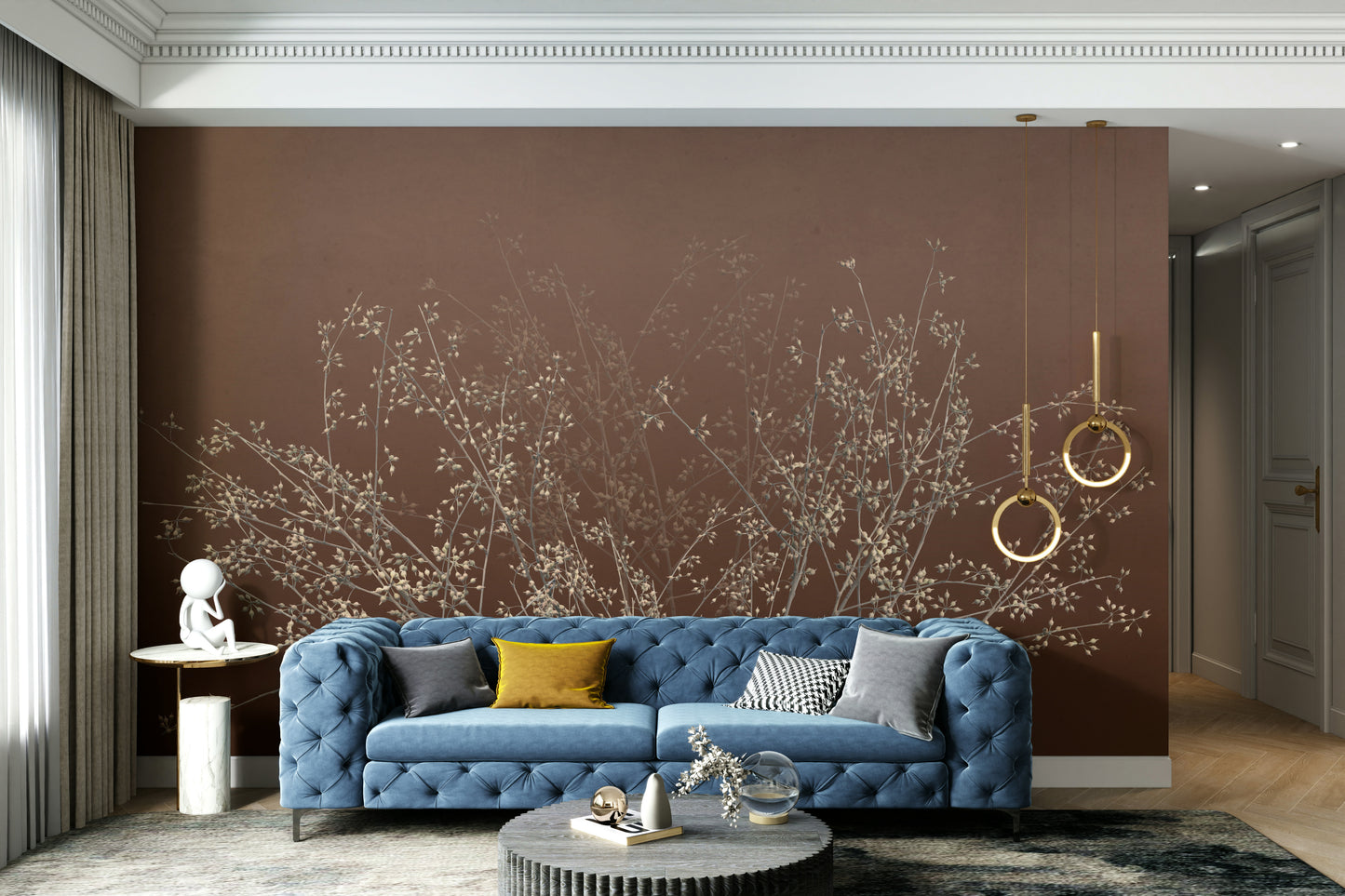 A peaceful wall mural with an elegant nature scene.

