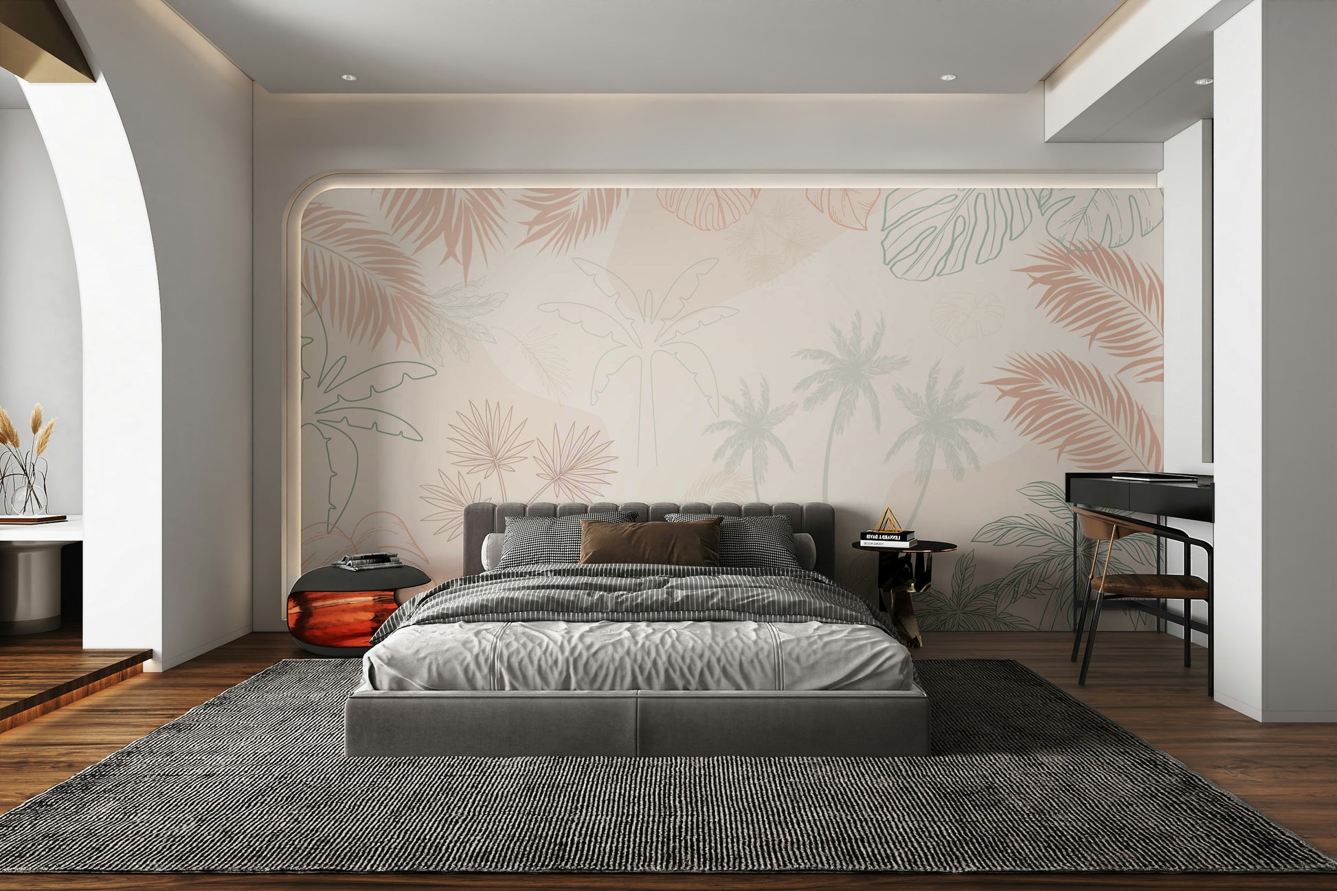 The design features gentle, detailed palm leaves and tropical foliage.

