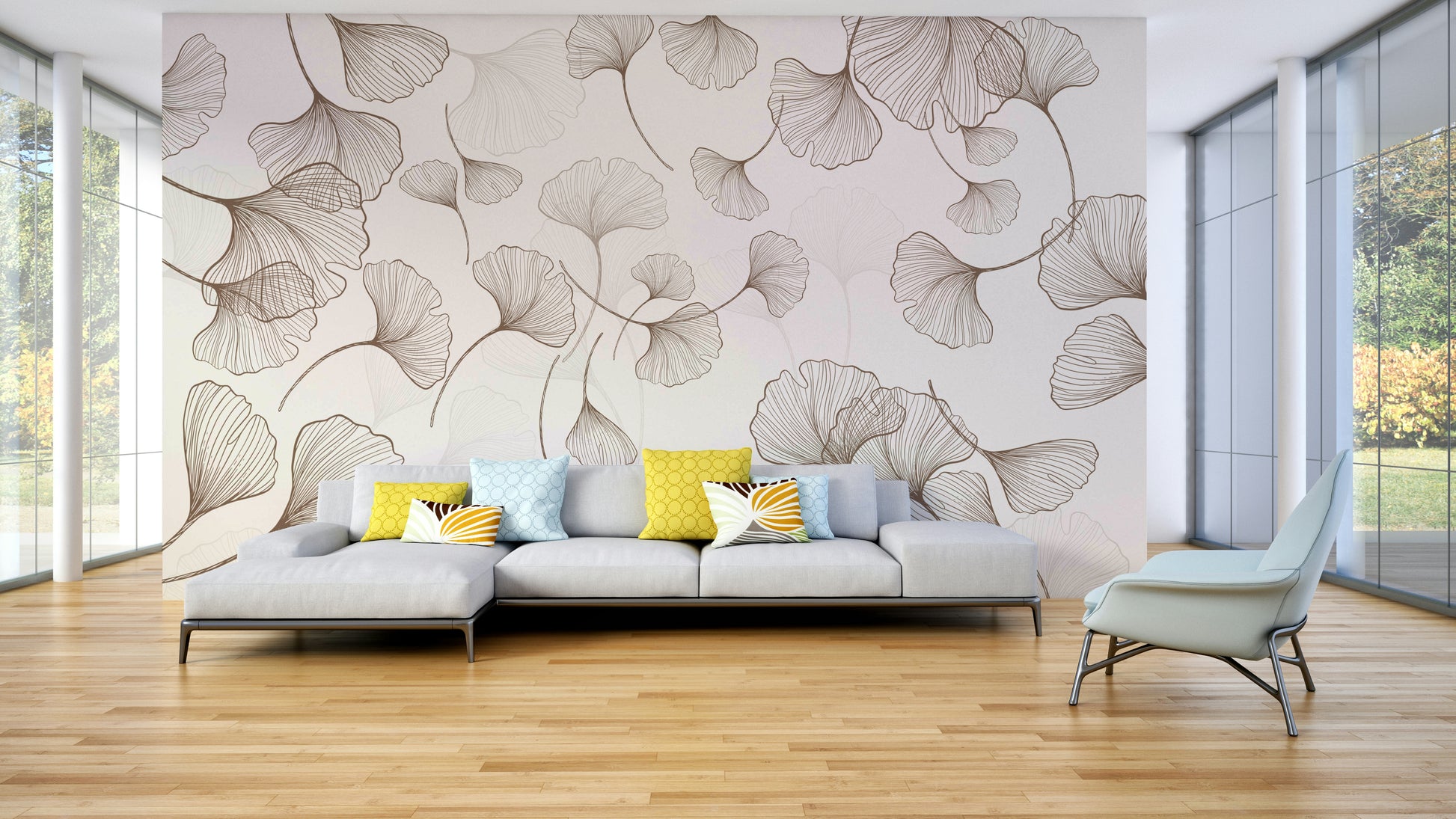 A peaceful wall mural with an ethereal botanical pattern.


