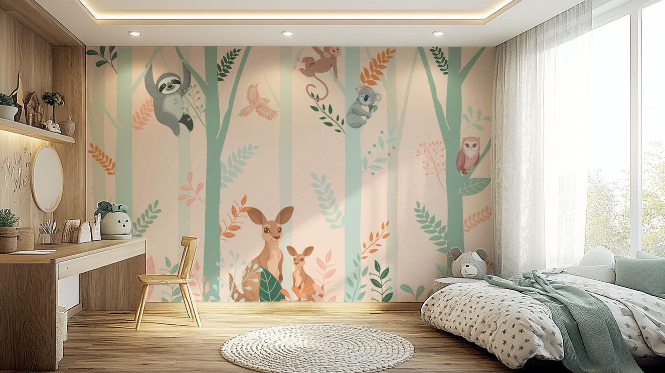 A peaceful wall mural with a whimsical forest scene.

