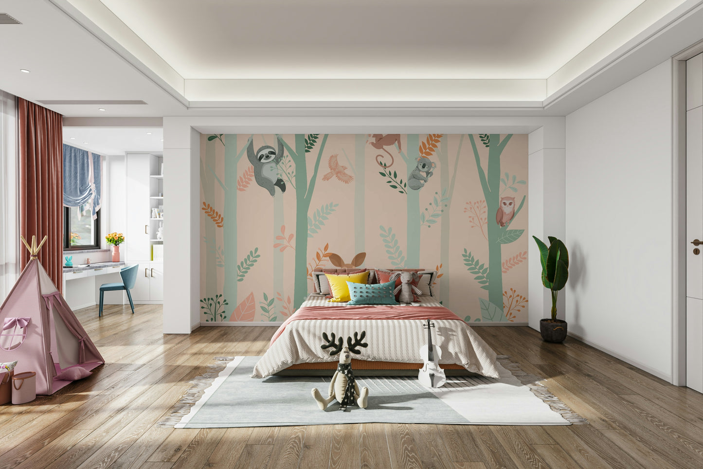 The design features friendly animals in a magical forest.

