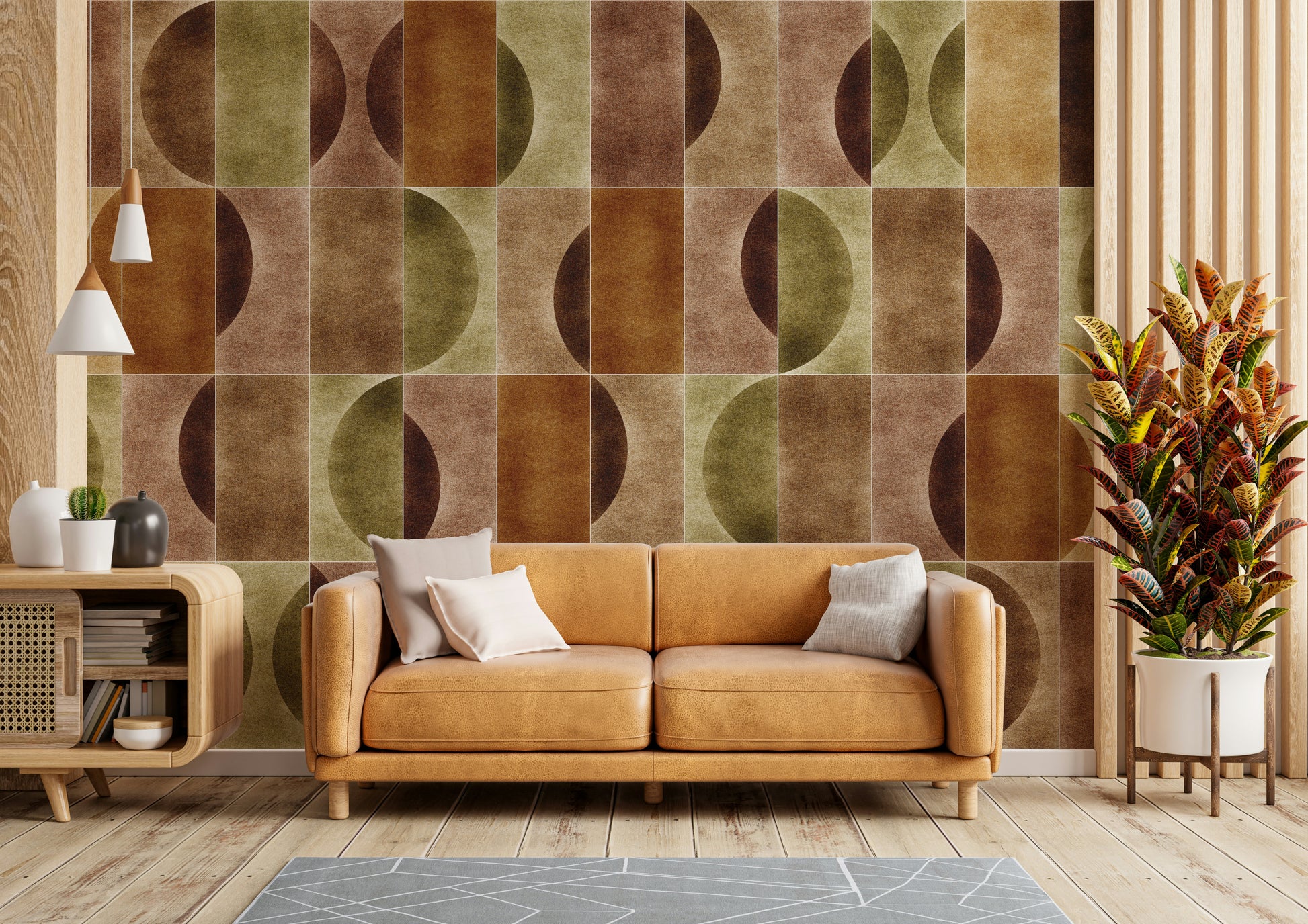 A peaceful wall mural with an abstract geometric pattern.

