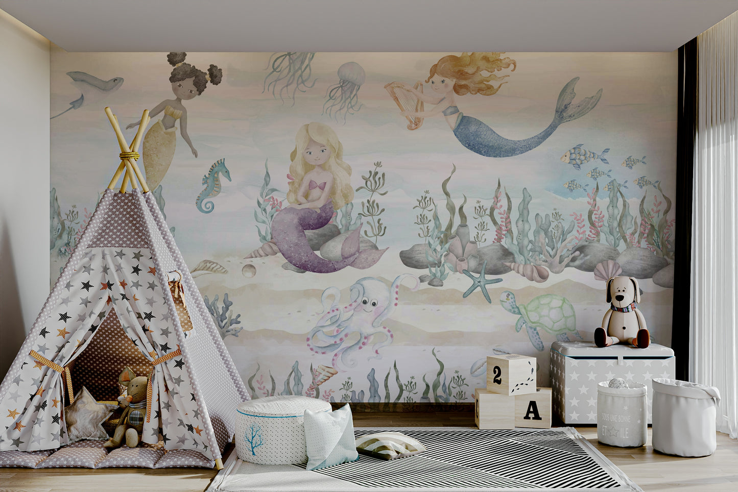 A peaceful wall mural with a whimsical underwater scene.

