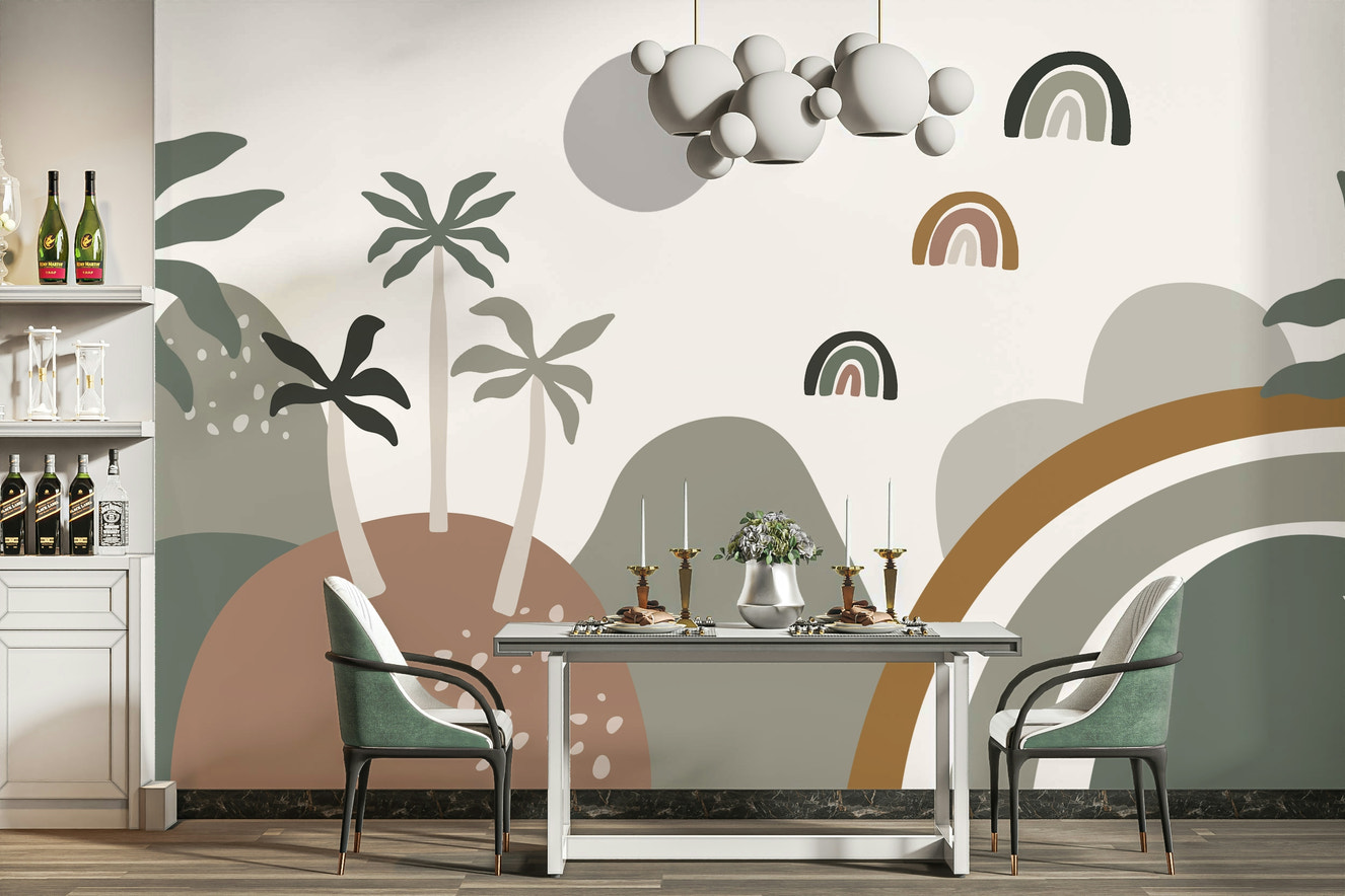 A peaceful wall mural with a whimsical rainbow pattern.

