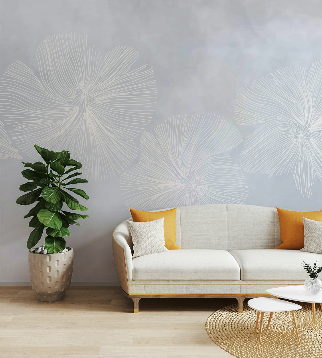 A peaceful wall mural with a floral pattern.

