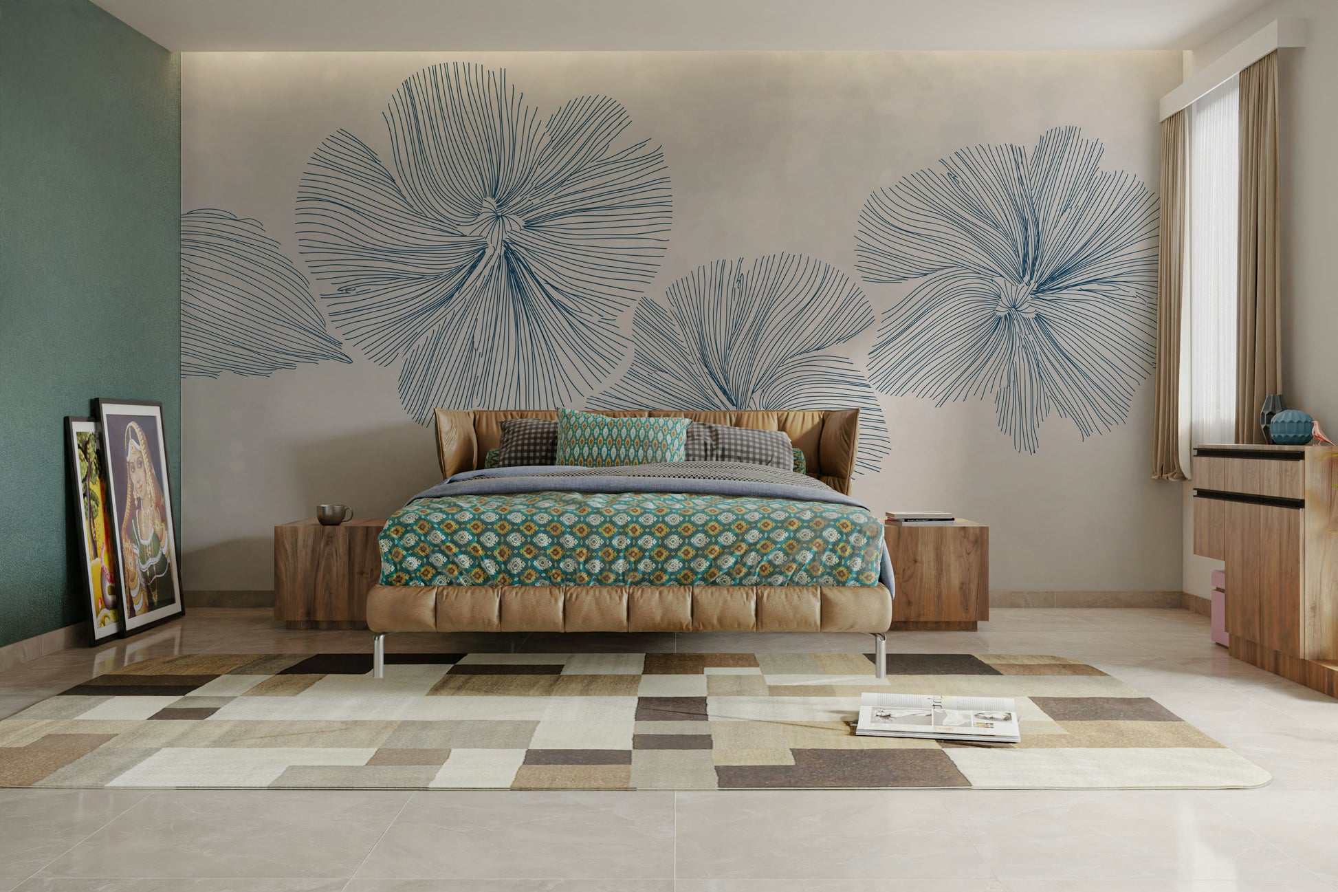 The design features stylized, linear flowers and stems.

