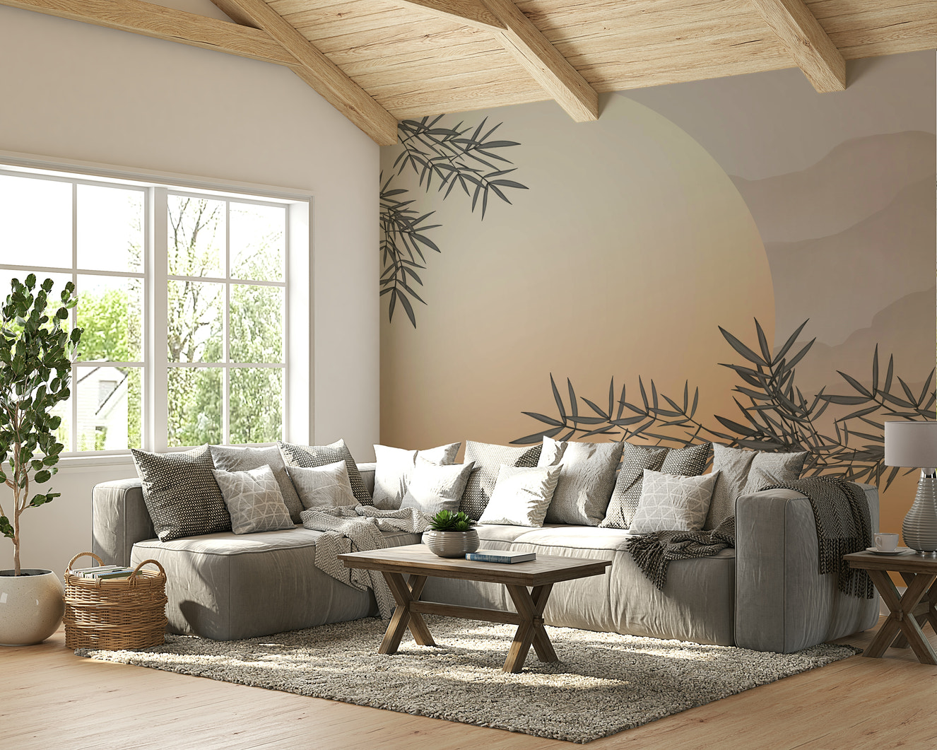 A peaceful wall mural with a minimalist bamboo scene.

