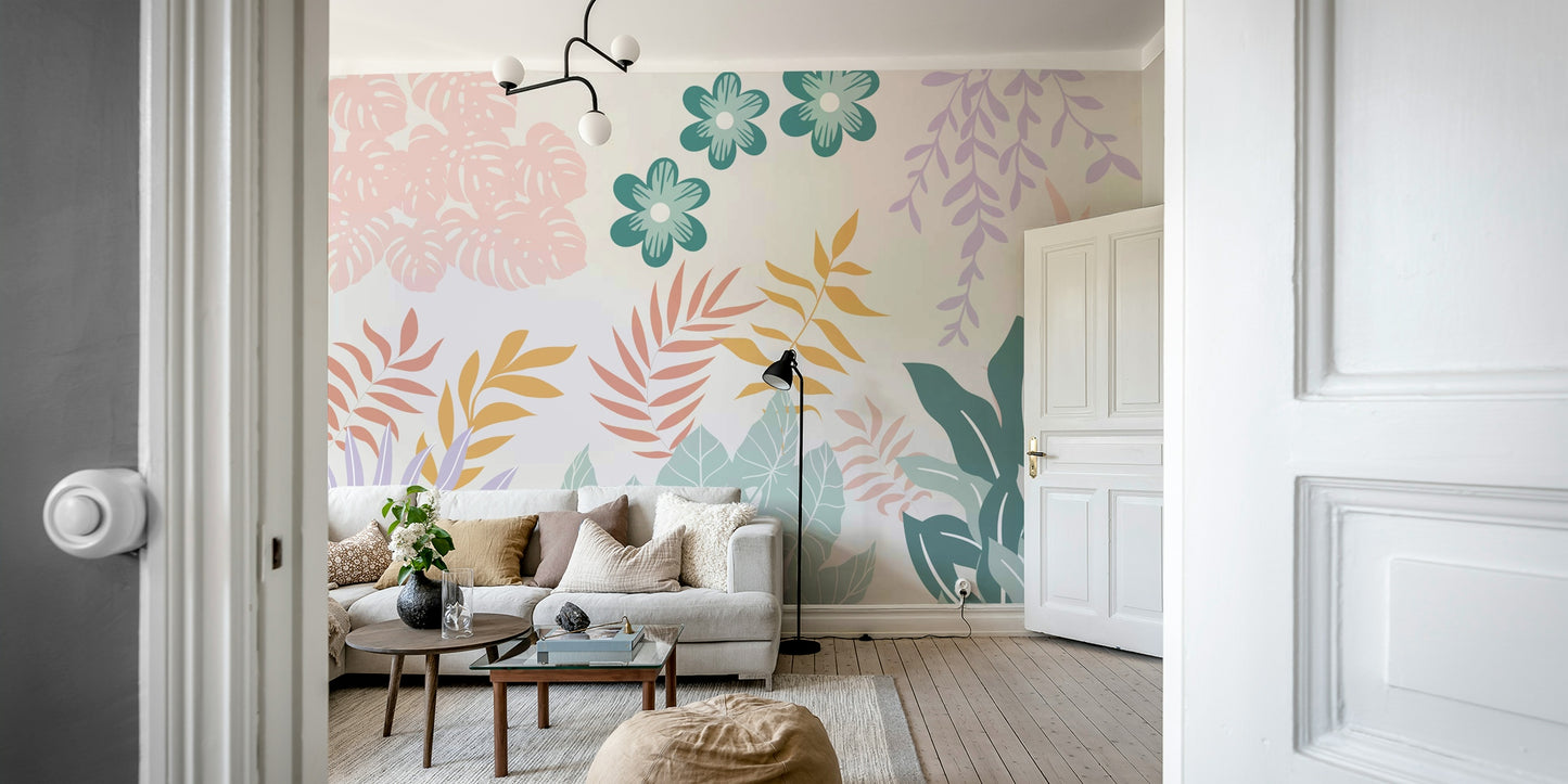 The design features delicate blooming flowers and slender leaves.

