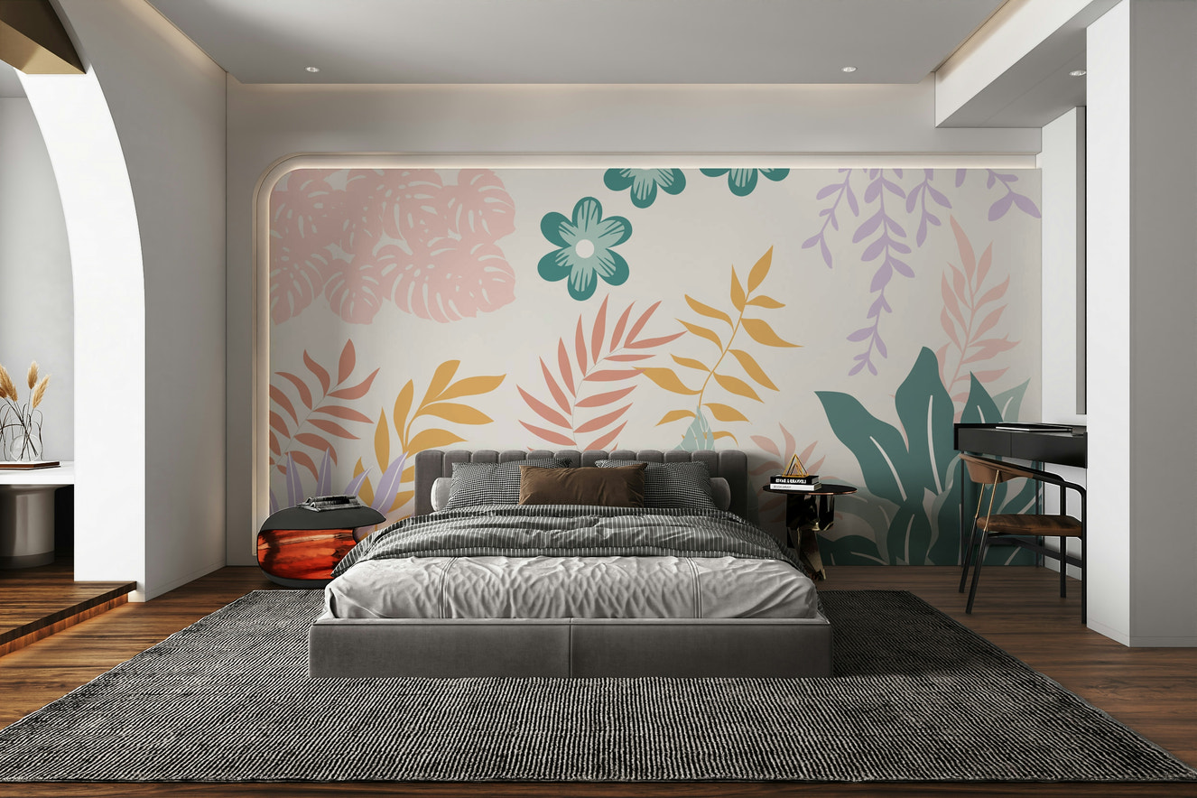 A peaceful wall mural with a bohemian floral pattern.

