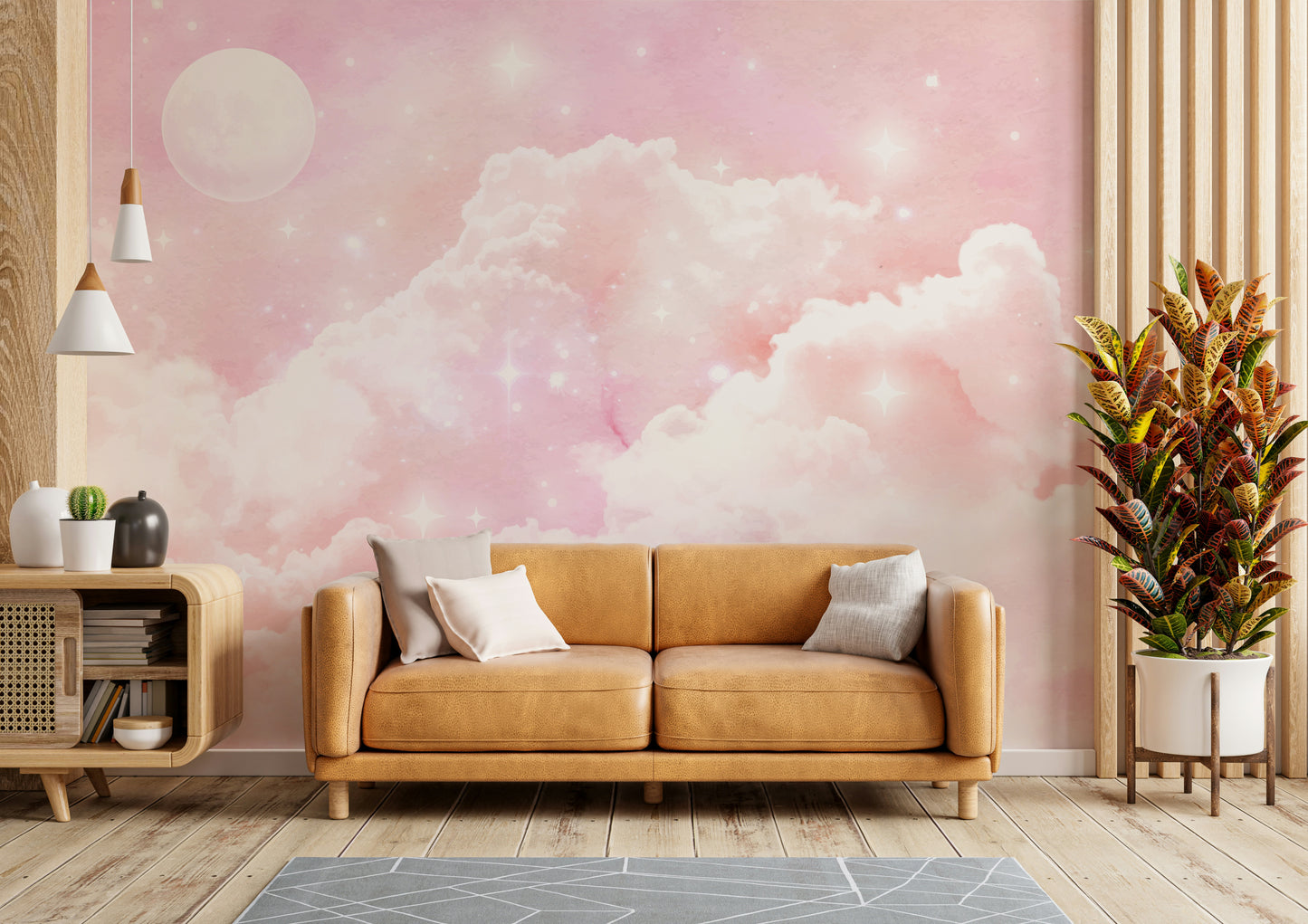 A peaceful wall mural with a serene night sky scene.

