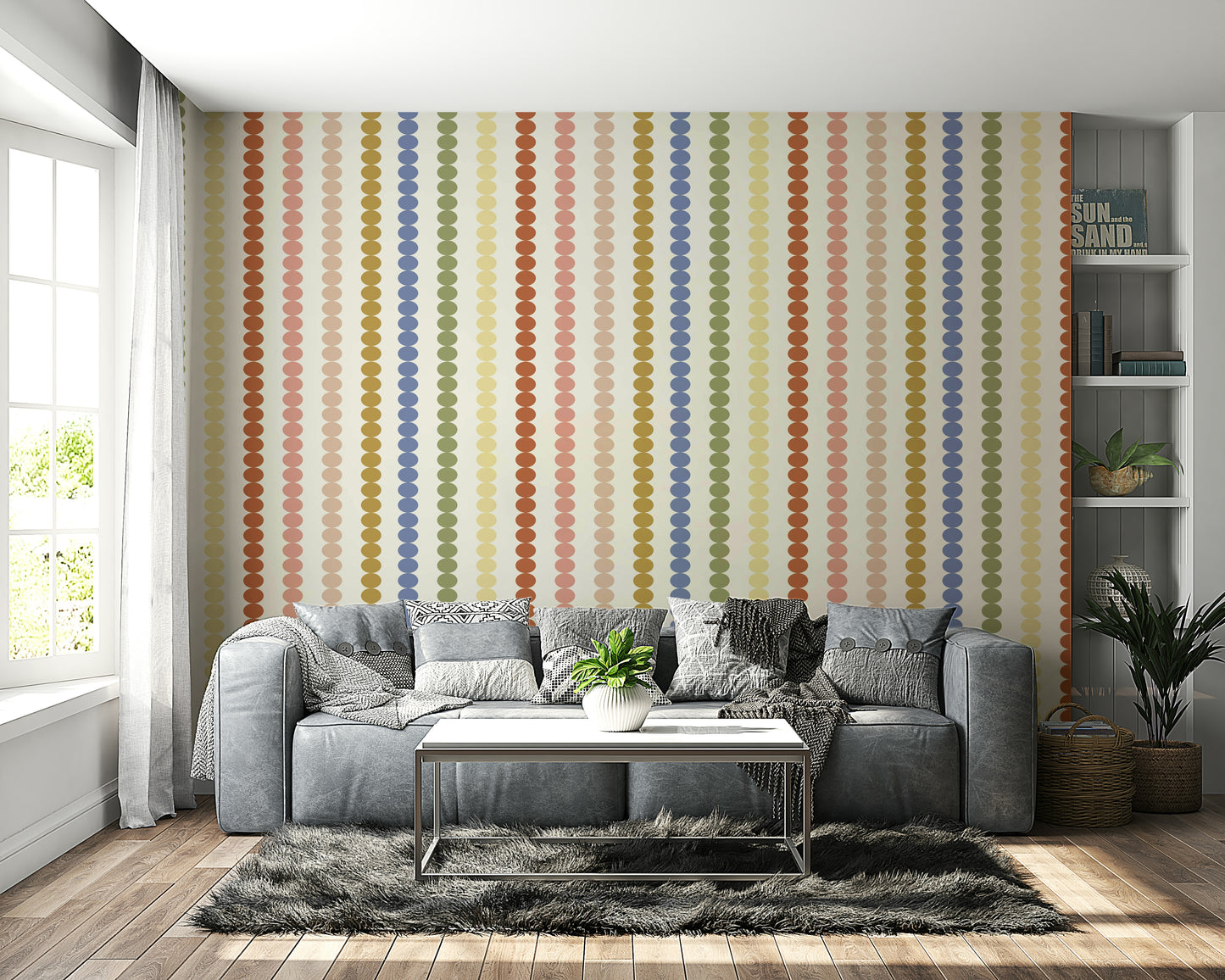 A peaceful wall mural with a retro geometric pattern.

