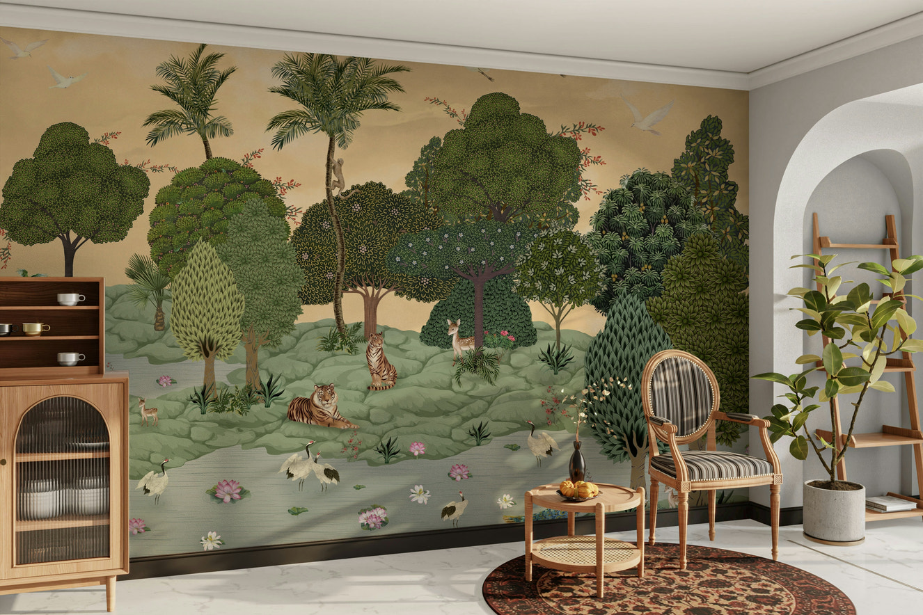 A peaceful wall mural with a tranquil tiger scene.

