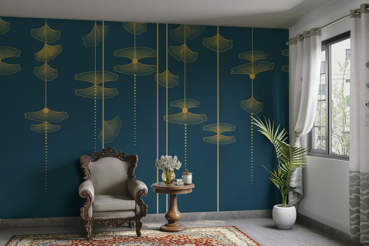 The design features stylized, linear ginkgo leaves.

