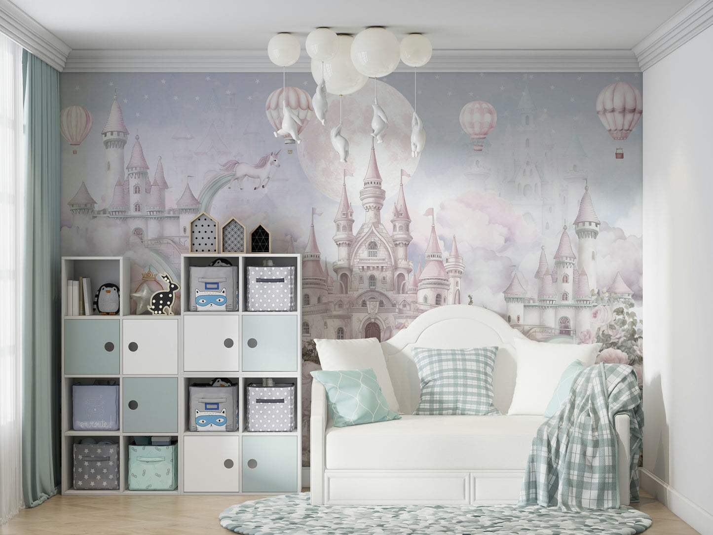 A peaceful wall mural with a whimsical, magical design.

