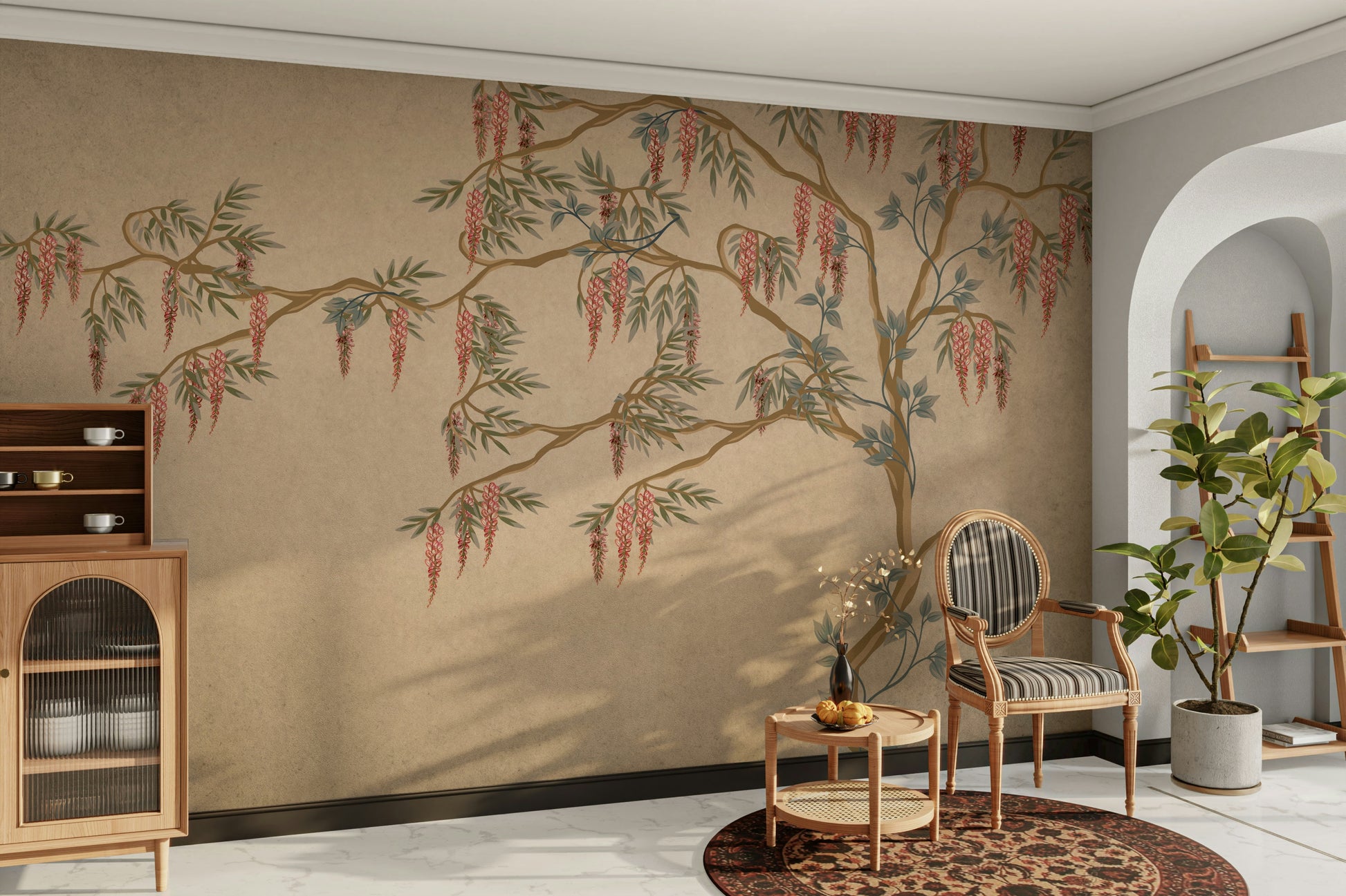 The design features graceful, blooming flowers and leaves.

