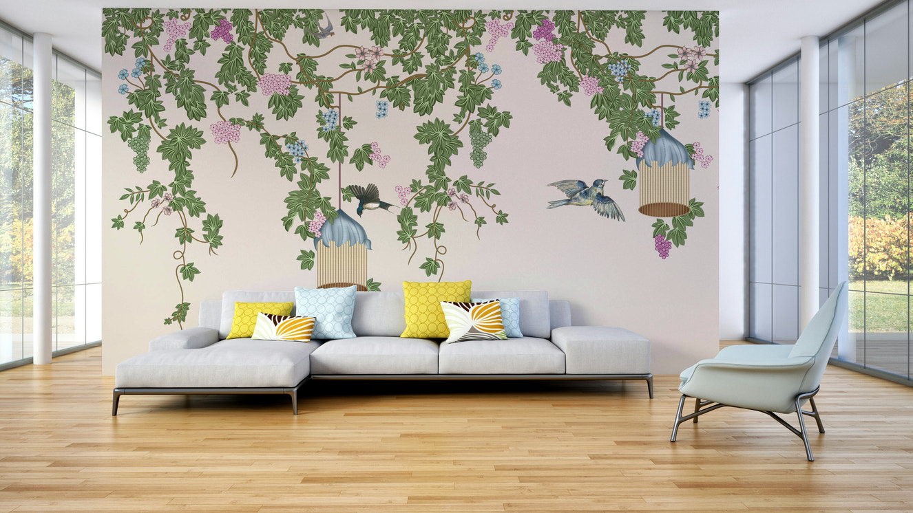 A peaceful wall mural with a magical, whimsical design.

