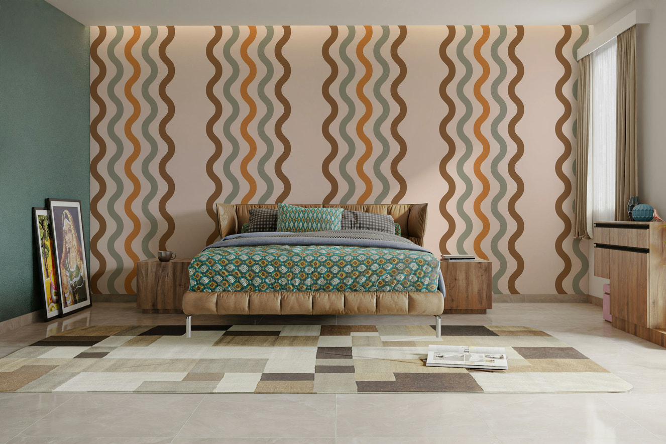 A peaceful wall mural with a retro, flowing design.

