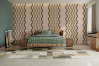 A peaceful wall mural with a retro, flowing design.

