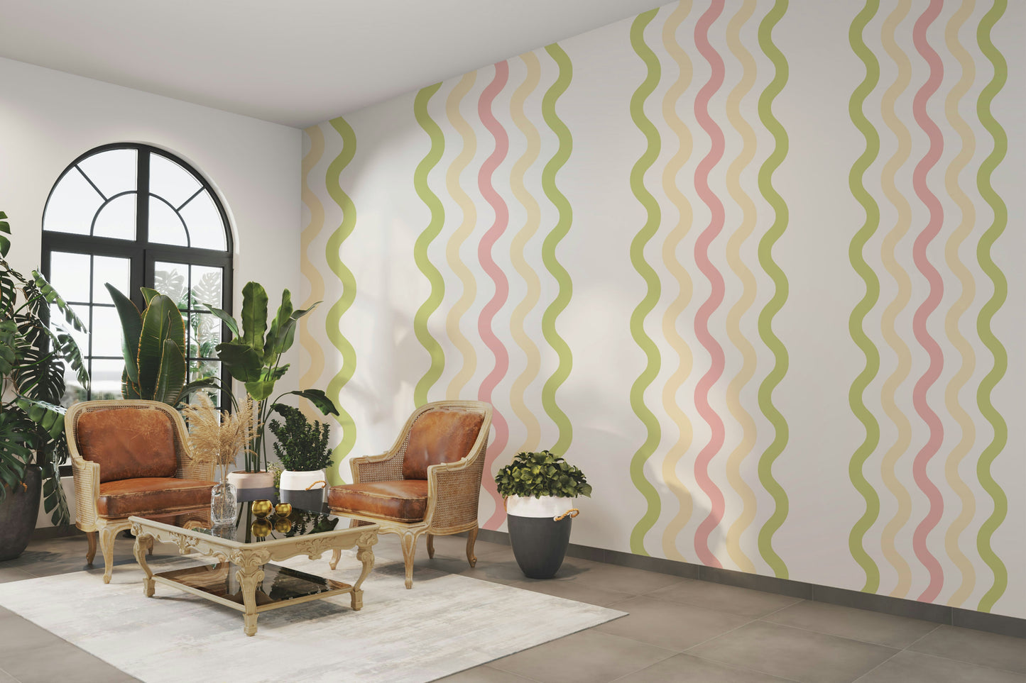 A peaceful wall mural with a modern, flowing design.

