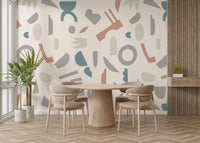 A peaceful wall mural with a modern, geometric design.

