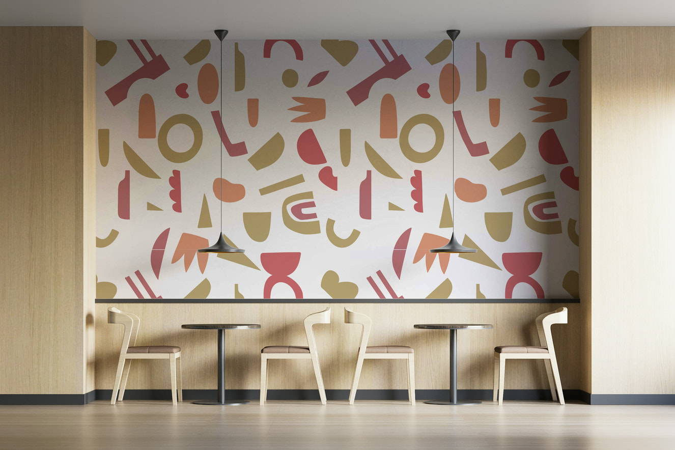 A peaceful wall mural with a modern, geometric design.

