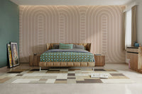 A peaceful wall mural with a modern, curved design.

