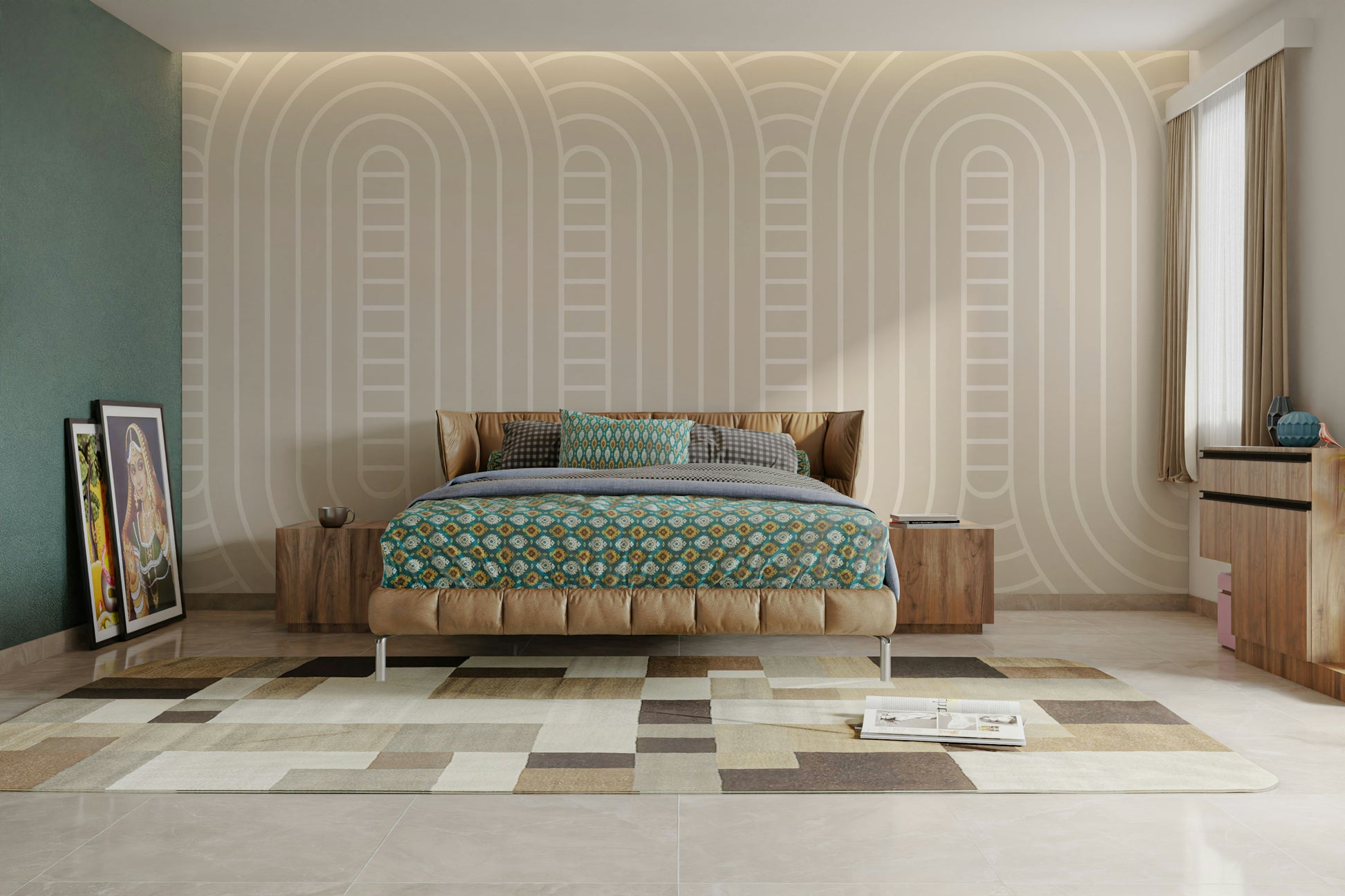 A peaceful wall mural with a modern, flowing design.

