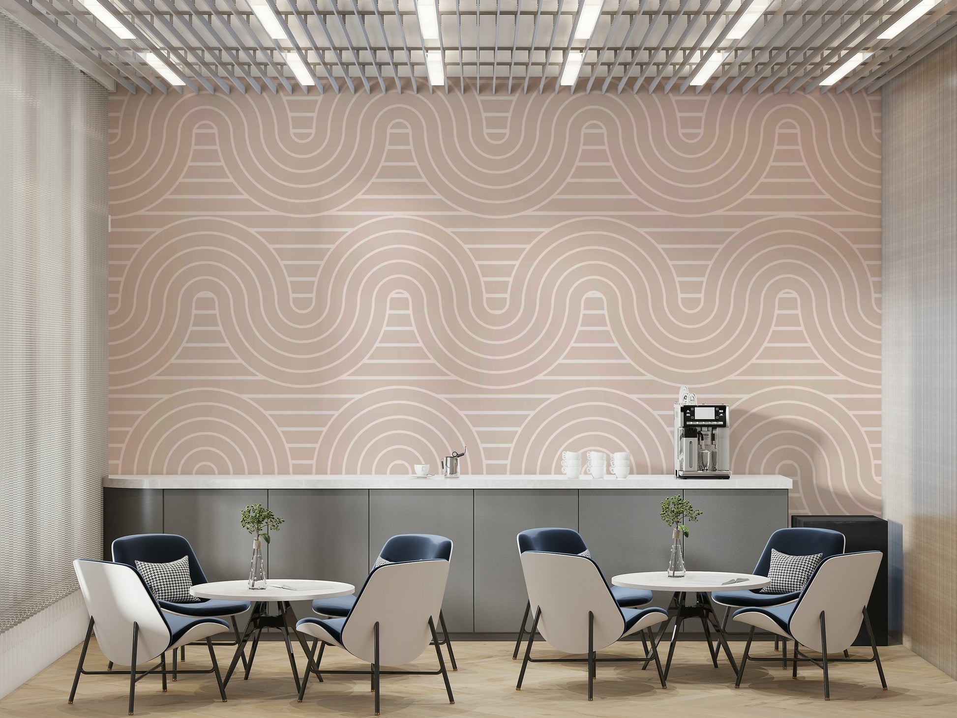 A peaceful wall mural with a modern, arching design.

