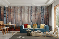 A peaceful wall mural with a charming autumn forest scene.

