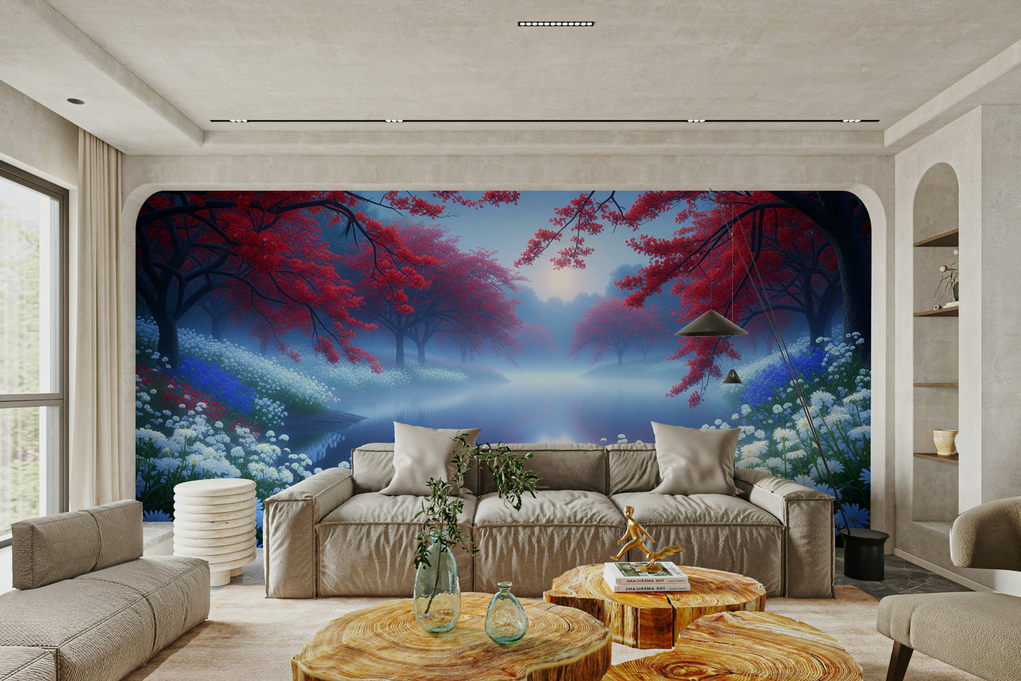 A peaceful wall mural with a charming lake scene.

