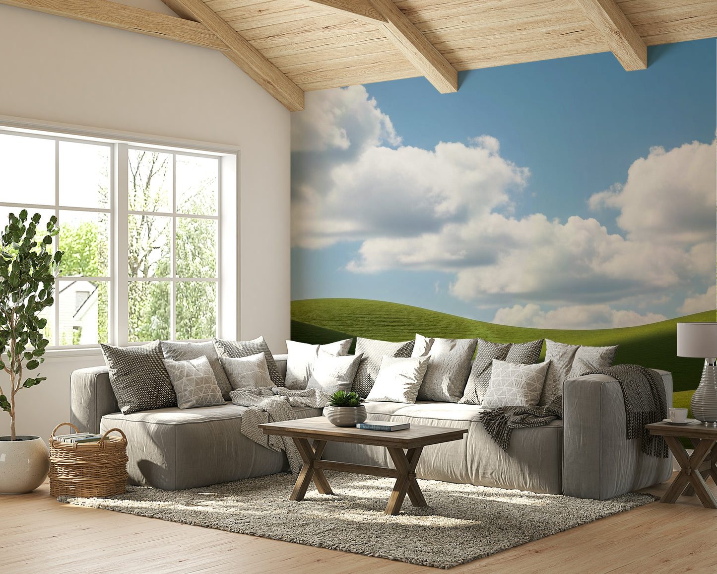 A peaceful wall mural with a charming countryside scene.

