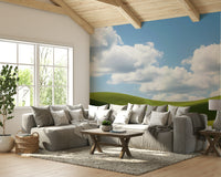 A peaceful wall mural with a charming countryside scene.

