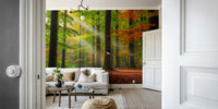 A peaceful wall mural with a charming autumn forest scene.

